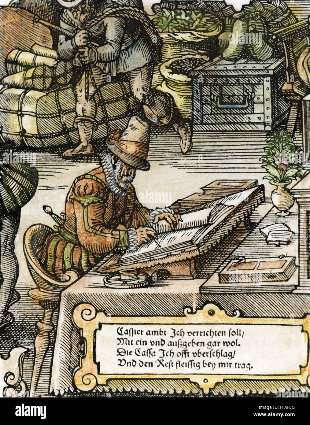 BUCHHALTER, 1585. NUM deutschen Kaufmann Buchhalter doppelte Buchführung durchführen. Holzschnitt von Jost Amman. Stockfoto