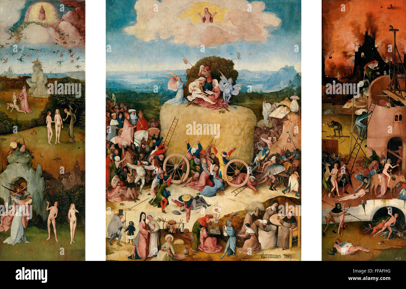 Das Tafelbild Triptychon der Heuwagen von Hieronymus Bosch Stockfoto