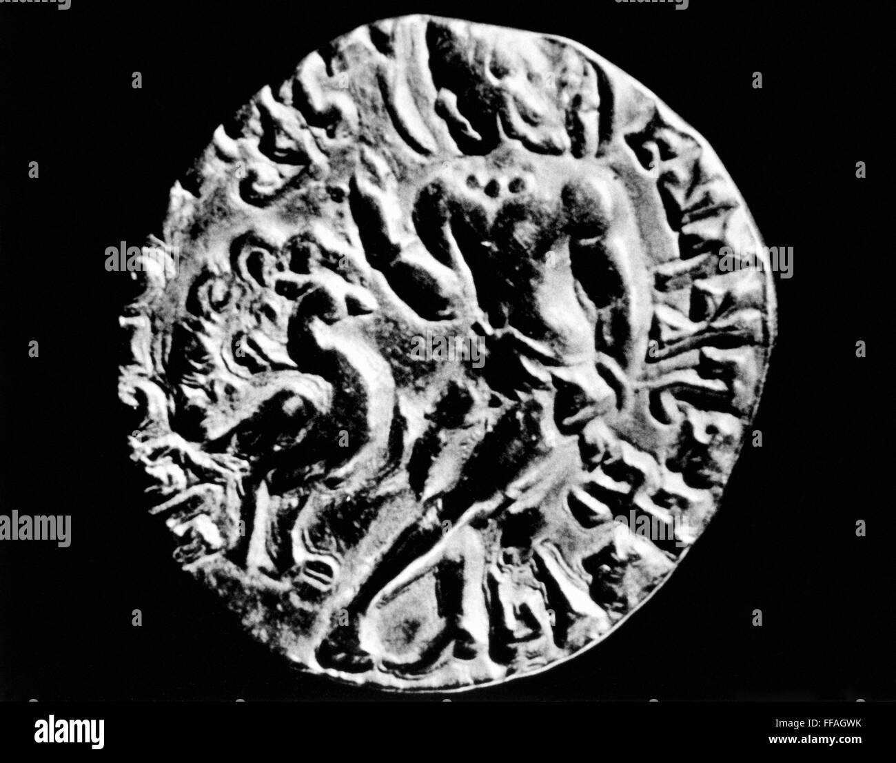 KUMARAGUPTA i. d. 455. /nFourth König der Gupta-Dynastie von Indien, 414-455. Kumaragupta und ein Pfau auf einer Goldmünze seiner Herrschaft. Stockfoto
