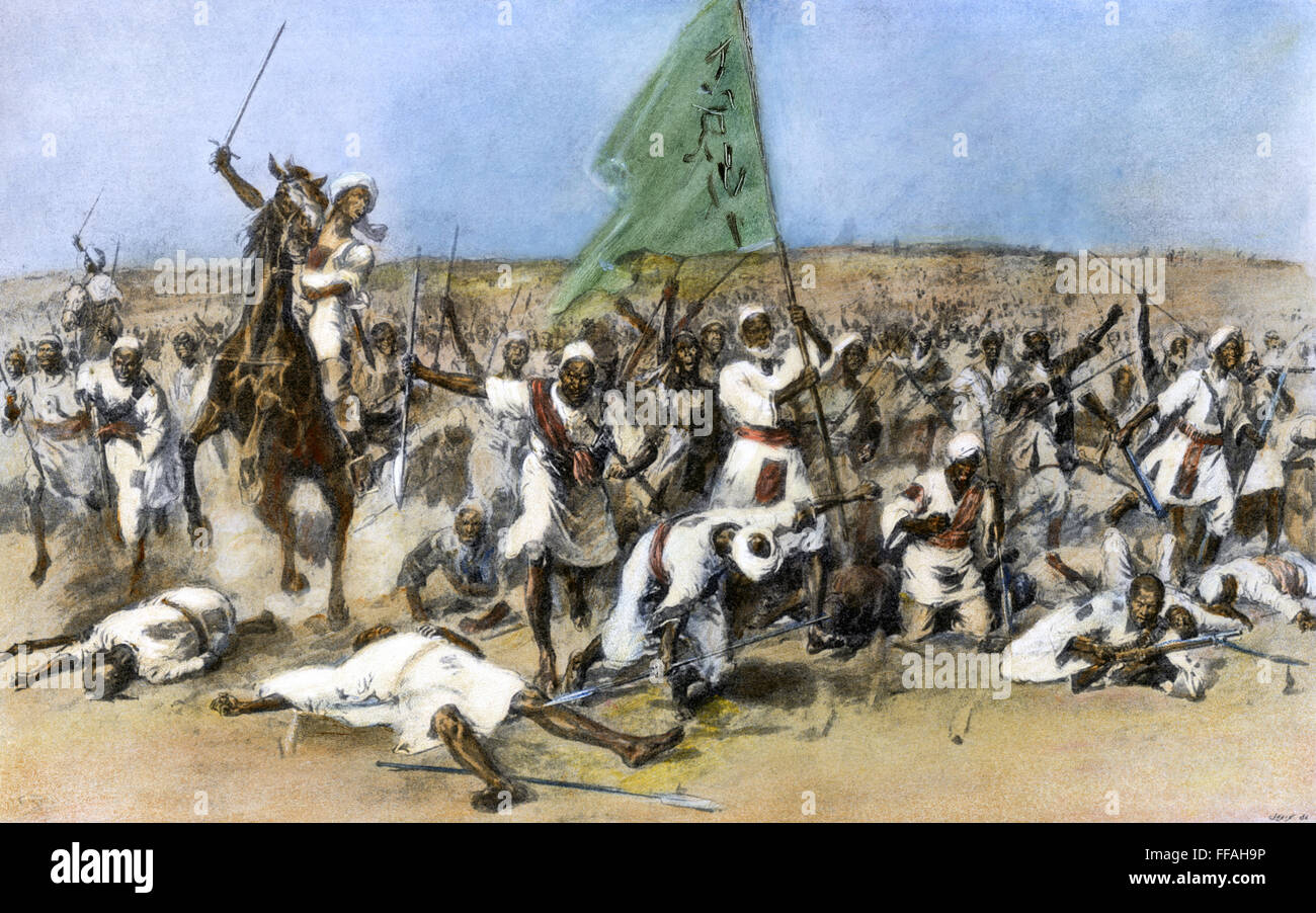 SCHLACHT VON OMDURMAN, 1898. /nThe erste Ladung der sudanesischen Derwische gegen die Briten in der Schlacht von Omdurman, 2. September 1898. Line-Gravur, 1900. Stockfoto