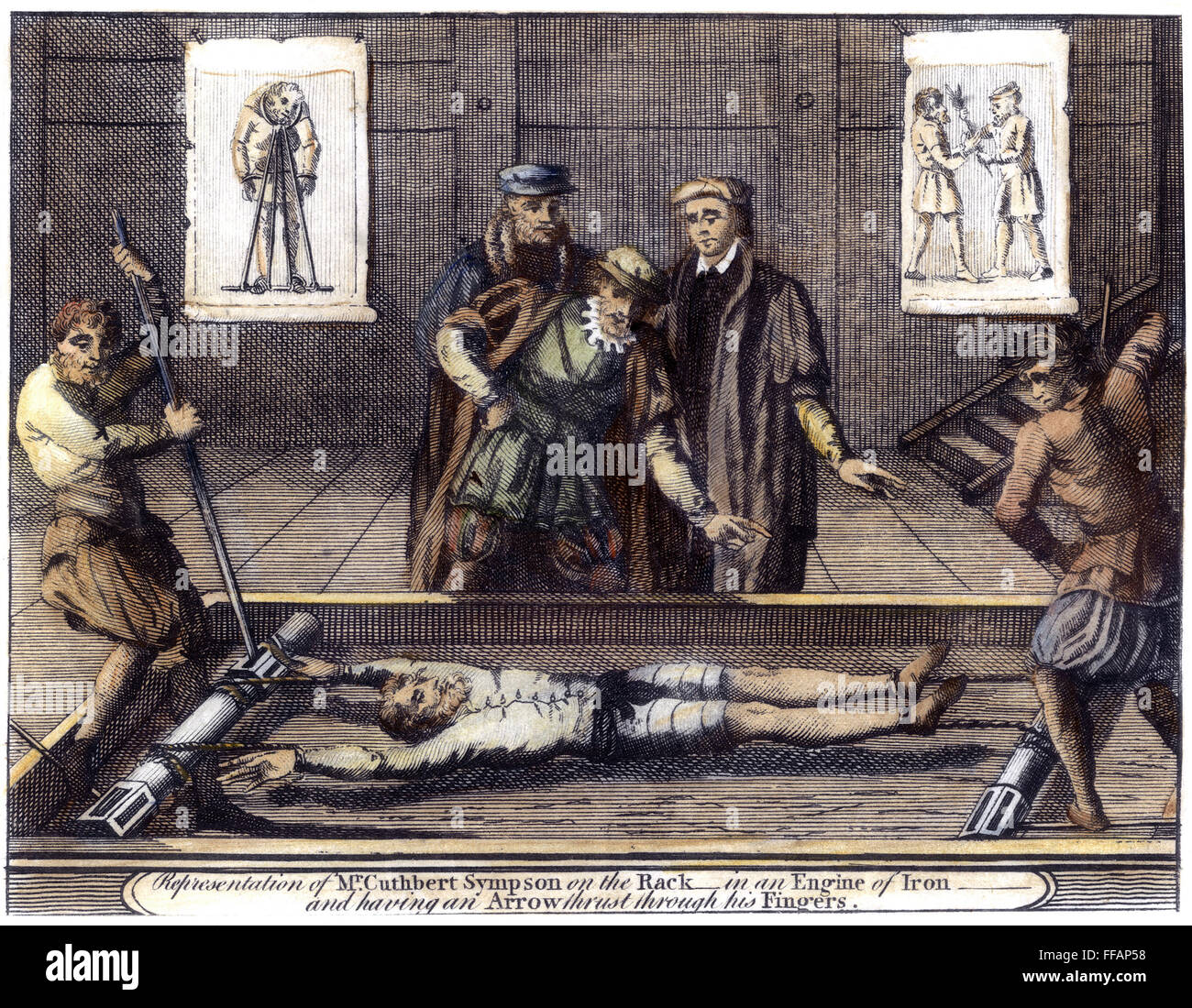 Folter, c1555. / nAn englischen Protestanten gefoltert auf dem Gestell während der Regierungszeit von Queen Mary ich (1553-1558). Kupfer-Gravur aus einer Ausgabe John Foxes "das Buch der Märtyrer", London, 1784. Stockfoto