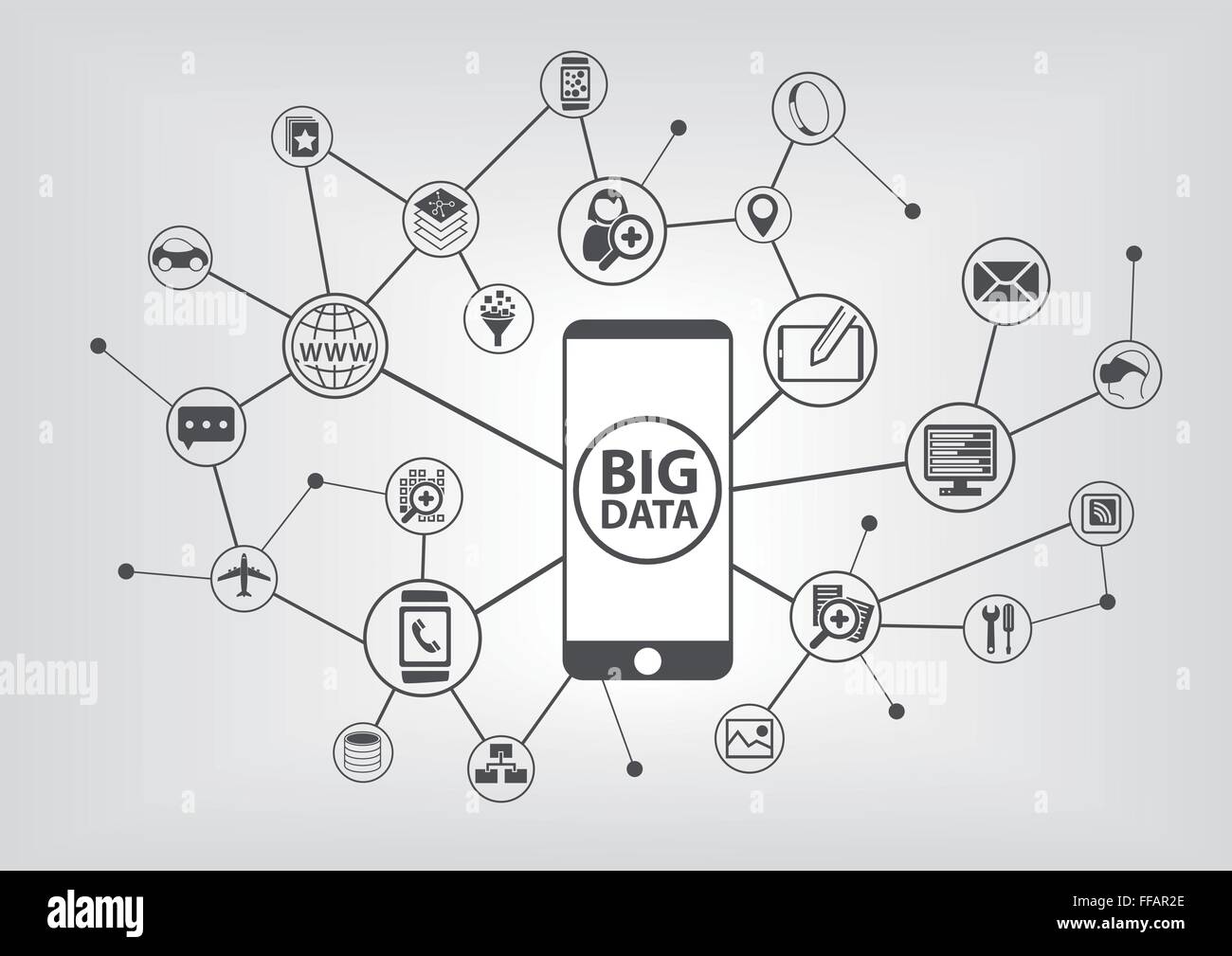 Große Daten und Mobilität Konzept mit angeschlossenen Geräten wie Smartphones. IT-Symbole auf grauem Hintergrund. Stock Vektor