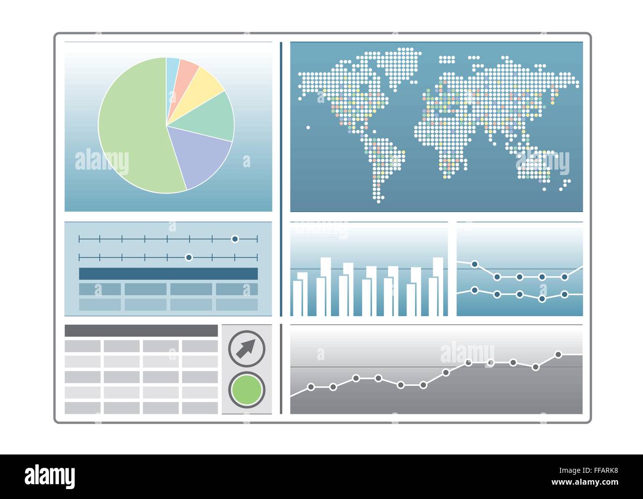 Analytics Dashboard Vorlage mit Kreisdiagramm, Weltkarte, Liniendiagramm als Vektor-illustration Stock Vektor