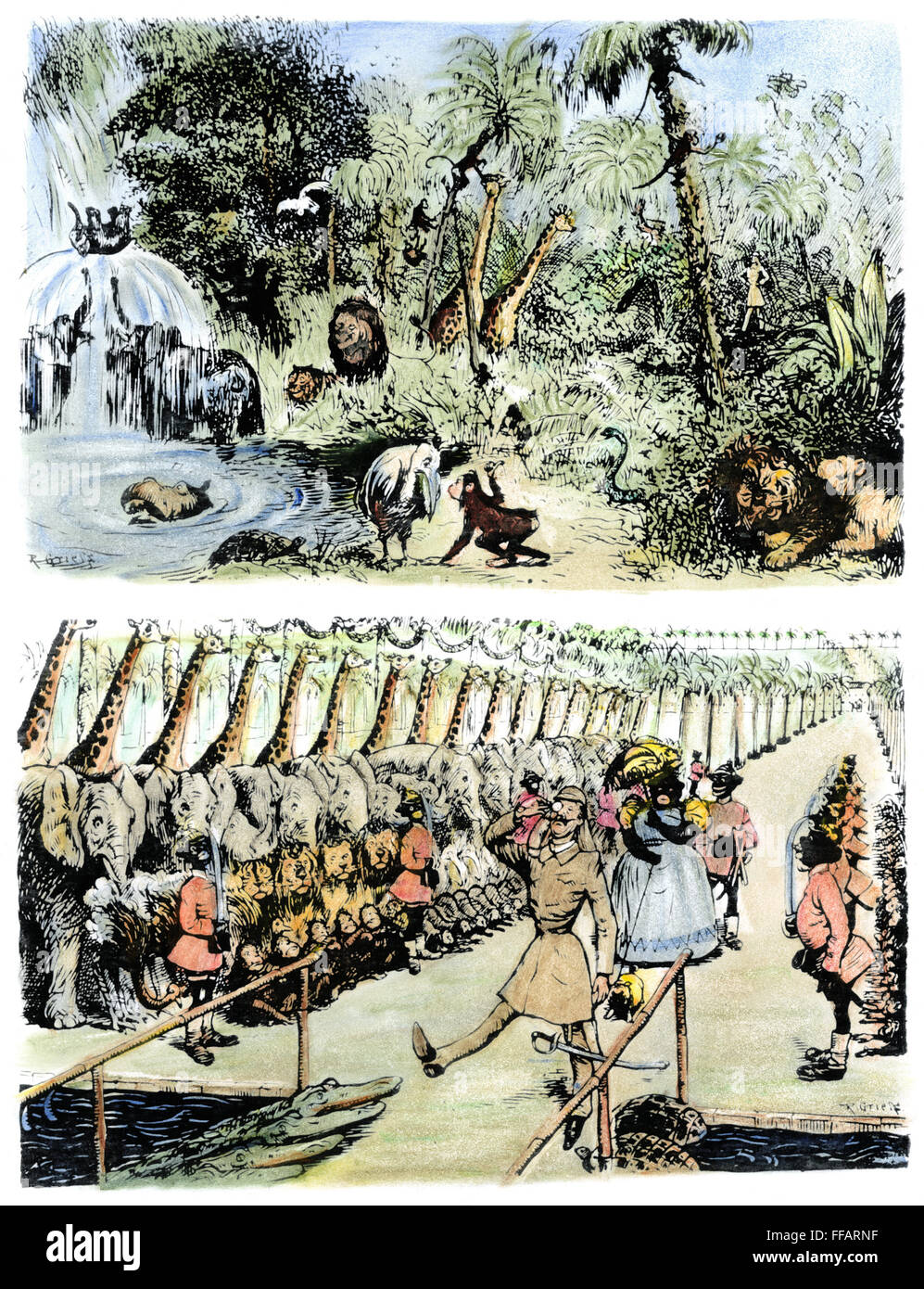 KOLONIALISMUS CARTOON, 1896. NUM Deutsche Karikatur von 1896 auf germanische Effizienz. In der oberen Zeichnung findet alles ein neu angekommener deutscher Offizier in Afrika in beklagenswerten Verwirrung, die in der unteren Zeichnung, befriedigend Bestellung reduziert wurde. Stockfoto