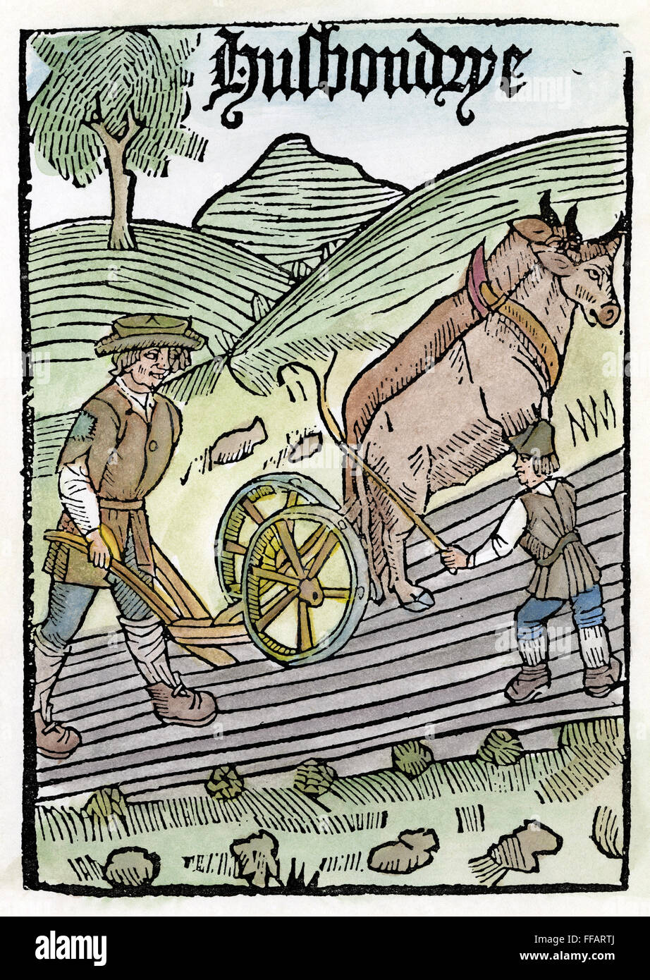 PFLÜGEN, 1523. /nWoodcut Titelseite des 'The Boke of Husbandrie,"das erste Buch über Landwirtschaft gedruckt in England, 1523. Stockfoto