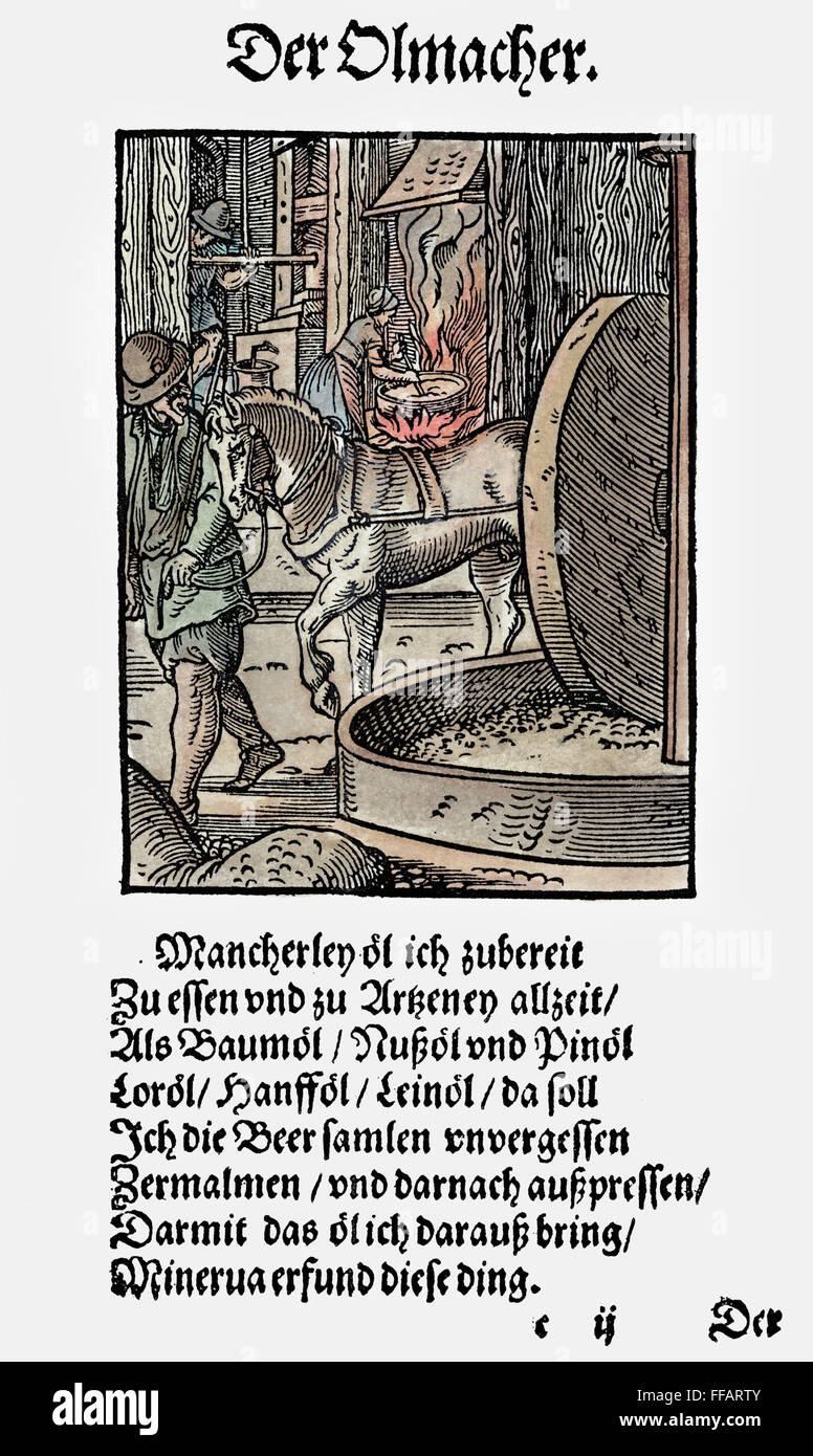 ÖLPRESSE, 1568. NUM Pferdekutsche Ölpresse, zum Extrahieren von essbaren und Heilpflanzen Öle aus Samen und Gemüse verwendet. Holzschnitt, 1568 von Jost Amman. Stockfoto