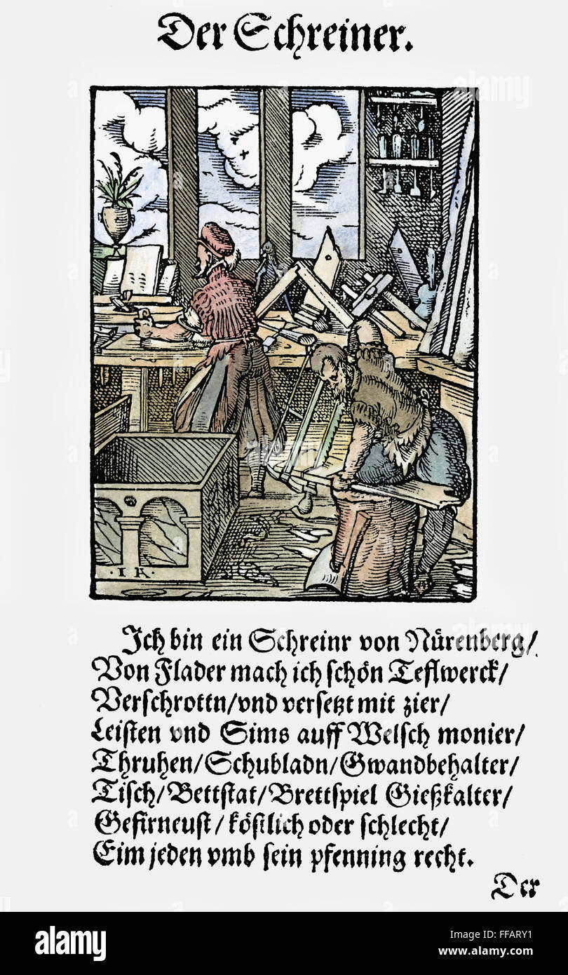 TISCHLER, 1568. NUM Tischler, Hersteller von feinen Möbeln, in seiner Werkstatt in Nürnberg. Holzschnitt, 1568 von Jost Amman. Stockfoto