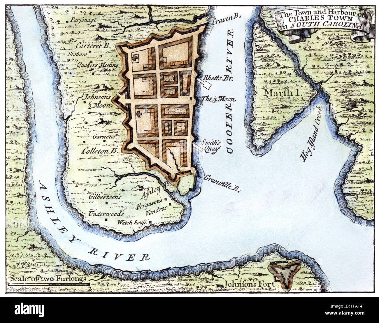 CHARLESTON, SC, 1732. /nPlan von Charleston, South Carolina, 1732. Stockfoto