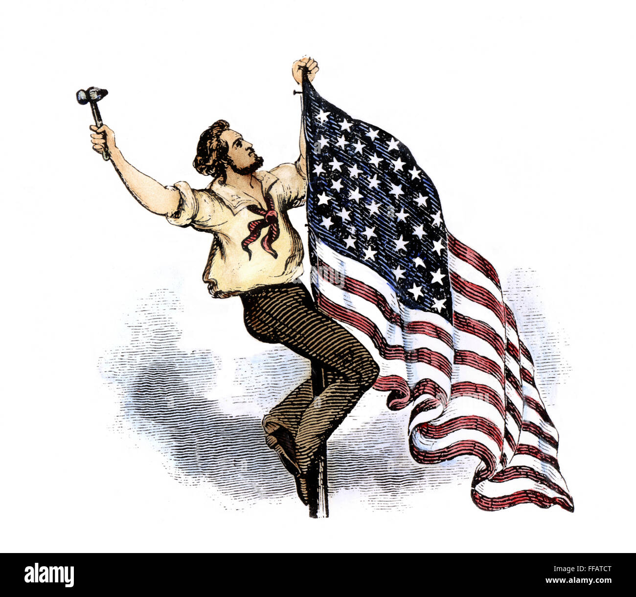 US-FLAGGE, 19. JAHRHUNDERT. /nRaising Flagge der Vereinigten Staaten: Holzstich, Stockfoto