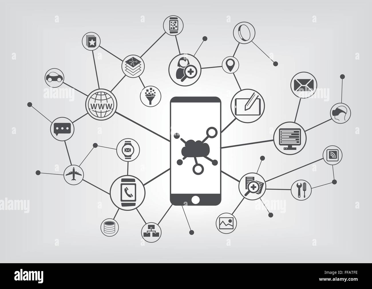 Cloud-computing-Konzept für mobile Geräte. Vektor-Icons auf grauem Hintergrund Stock Vektor