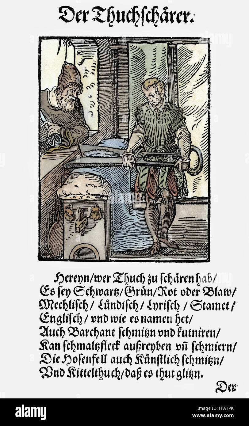 TUCH-SCHERMASCHINE, 1568. /nWoodcut, 1568, von Jost Amman. Stockfoto