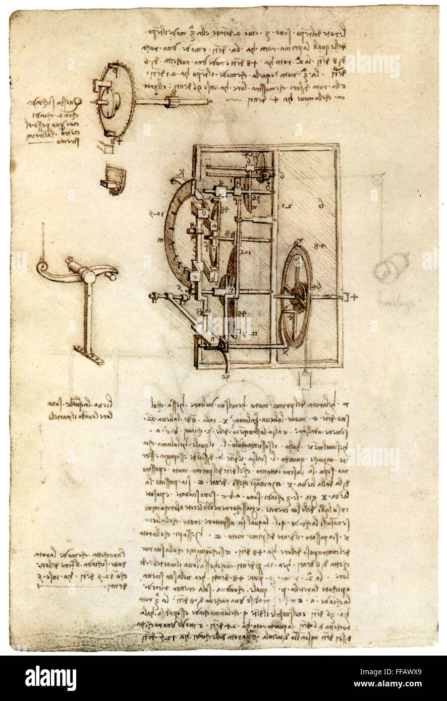 LEONARDO: UHRWERK. /nLeonardo da Vinci Zeichnung von einem Uhrwerk.  Manuskriptseite, c1495-97 Stockfotografie - Alamy