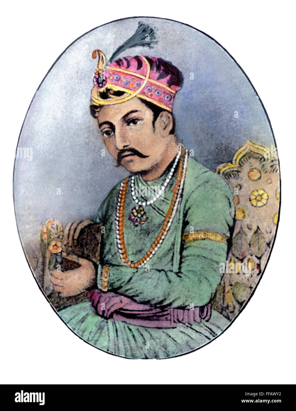 AKBAR DAS GROßE (1542-1605). /nEmperor von Hindustan (1556-1605). Farbige Gravur. Stockfoto