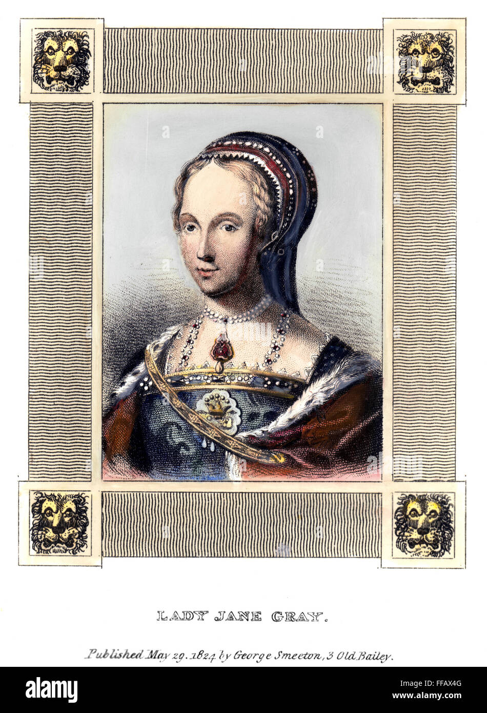 LADY JANE GREY (1537-1554). /nQueen von England, 9 Juli - 18 Juli 1553. Linie-und-Stipple Gravur, Englisch, 1824. Stockfoto