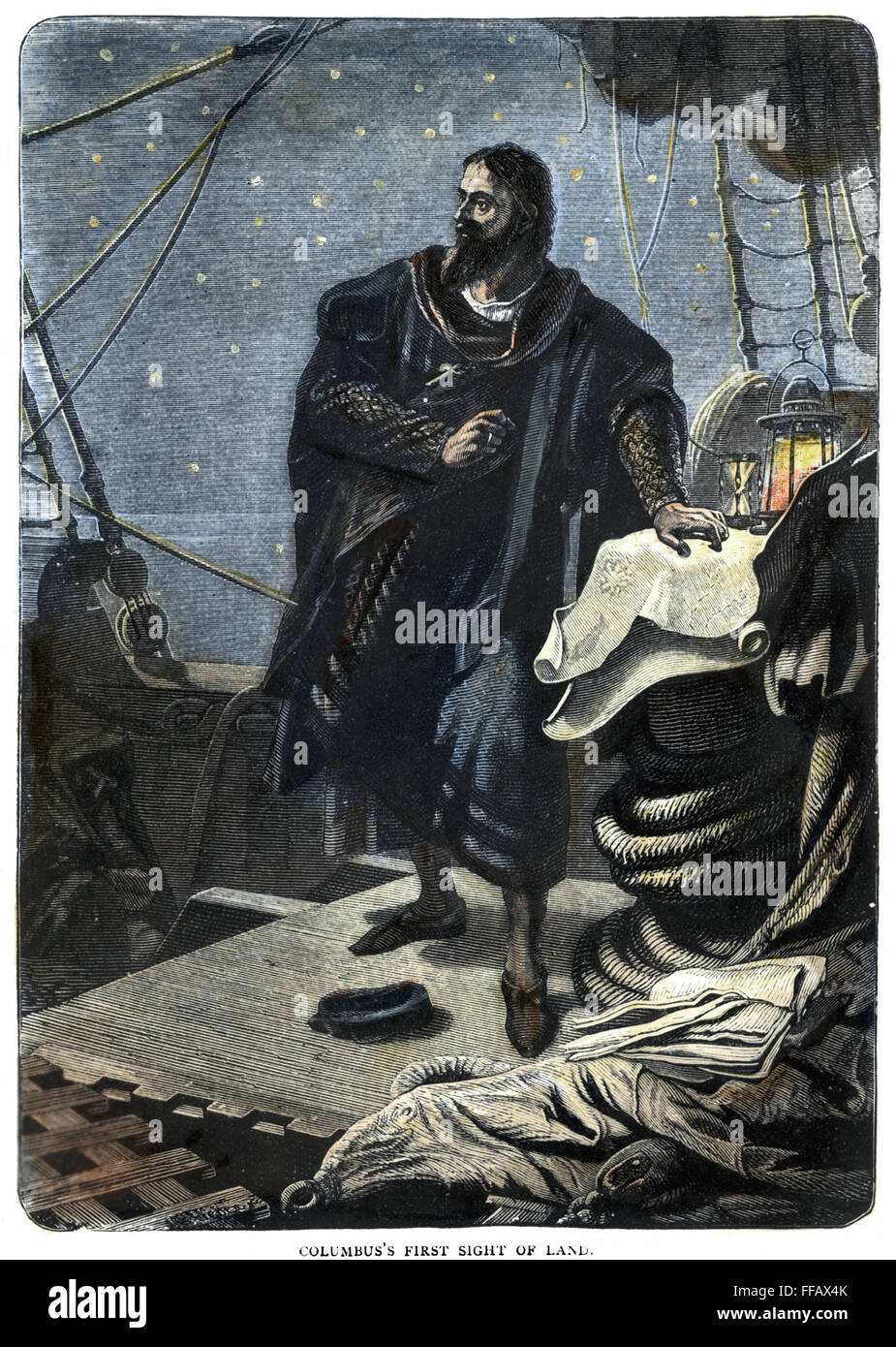 CHRISTOPHER COLUMBUS /n(1451-1506). Italienischer Nautiker. Kolumbus erste Anblick des Landes, 12 Oktober 1492: Holzstich, 19. Jahrhundert. Stockfoto