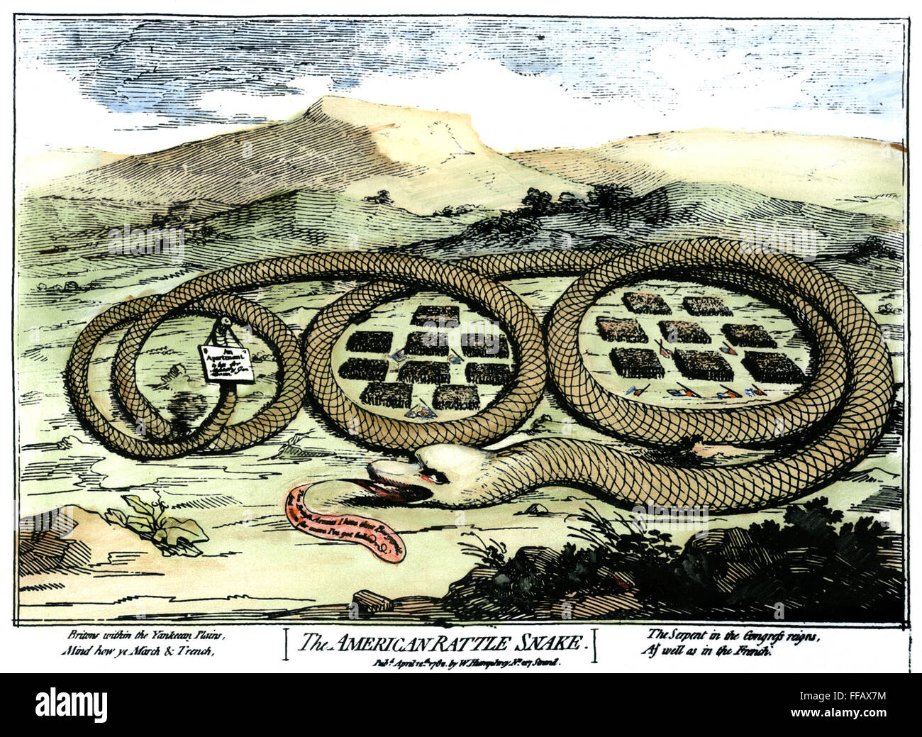 DIE AMERIKANISCHE KLAPPERSCHLANGE. NUM Karikatur von James Gillray, 1782, kommentierte der britischen Niederlage der amerikanischen und französischen Streitkräfte in Yorktown im Vorjahr Ätzen. Stockfoto