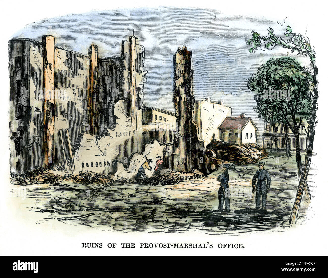 BÜRGERKRIEG: DRAFT RIOTS. /nRuin der Provost-Marschall Büros nach New York City Draft Riots von 13.-16. Juli 1863: zeitgenössischen Holzstich. Stockfoto