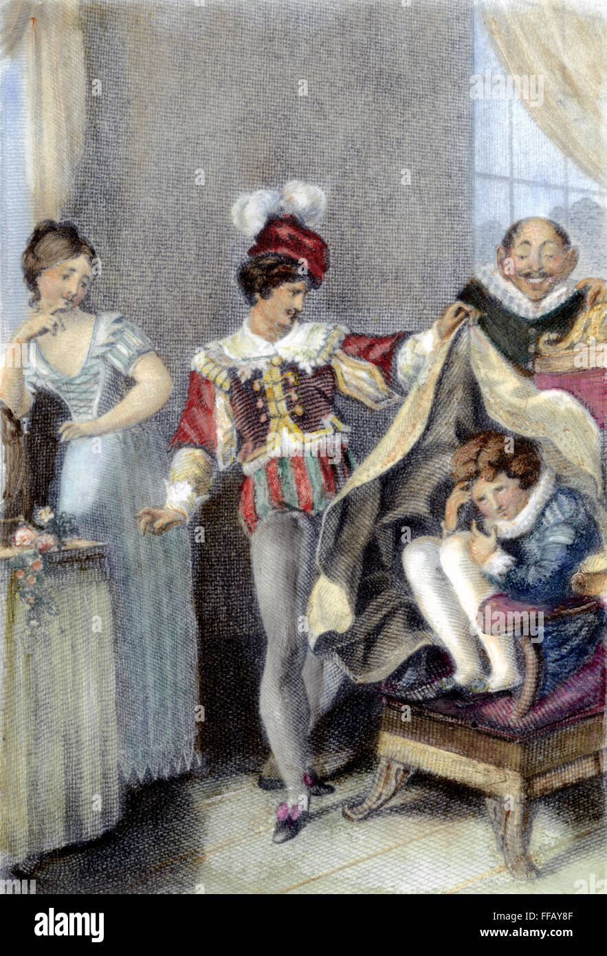 MOZART: DIE HOCHZEIT DES FIGARO. NUM-Szene von Amadeus Oper "Le nozze di Figaro," in der Graf Almaviva Cherubino versteckt in die Gräfin Kammern entdeckt: /nsteel Gravur, 1827. Stockfoto