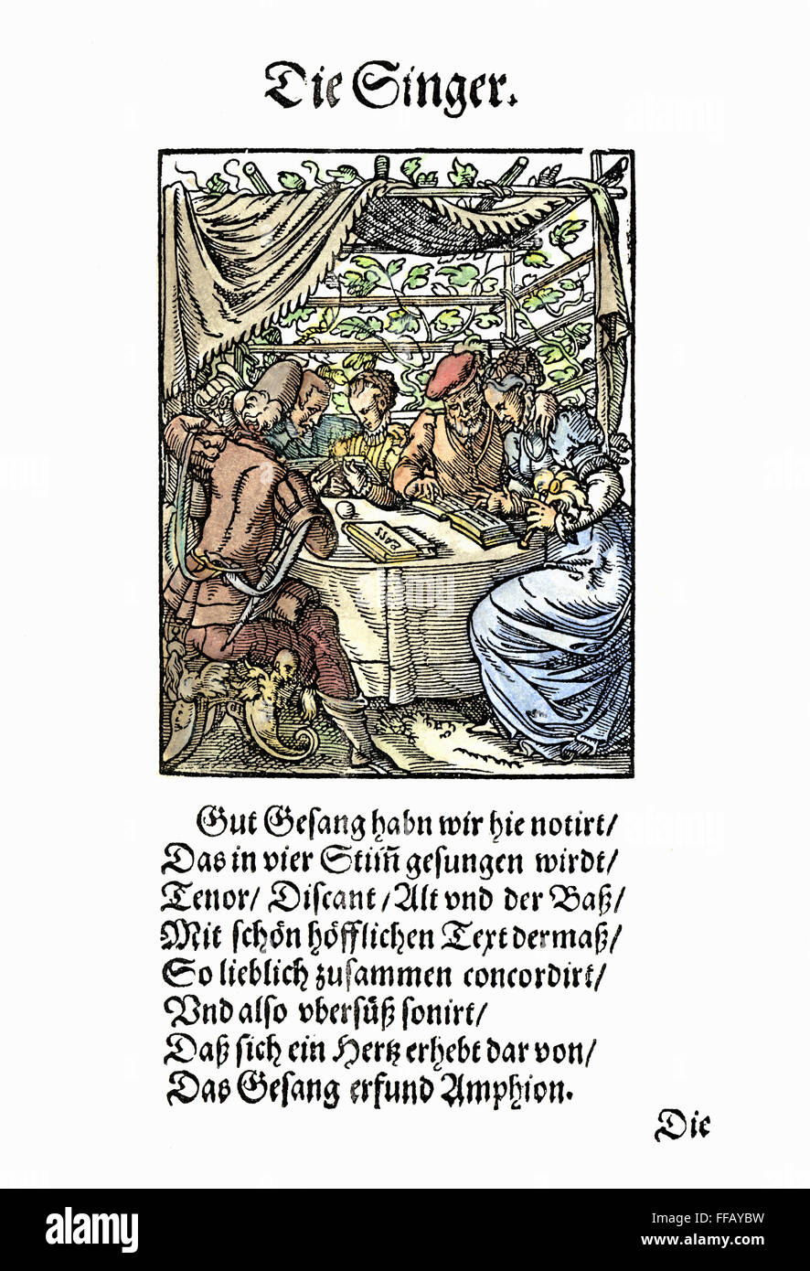 SÄNGER, 1568. NUM-Gruppe von Sängern, die Proben einer Stück aus einem höfischen Text. Holzschnitt, 1568 von Jost Amman. Stockfoto
