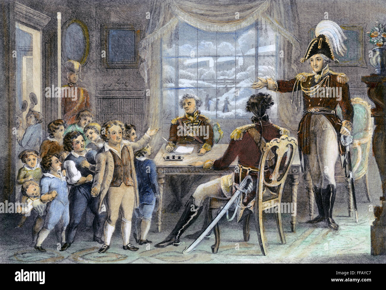 THOMAS GAGE (1721 – 1787). /nEnglish allgemeine und kolonialen Gouverneur von Massachusetts. Gouverneur Gage, ganz rechts, erzählt von seinen Offizieren, die Kinder von Boston, Schlitten und Schlittschuh auf Boston Common und alle britischen Soldaten zu bestrafen, sie behindert, Stockfoto