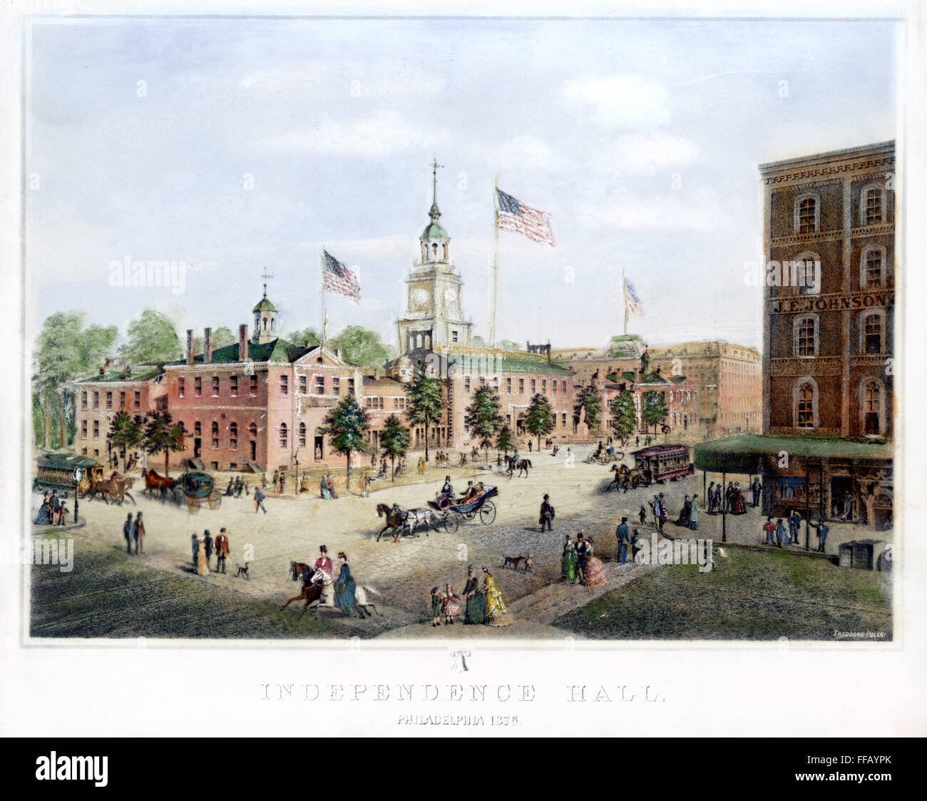 PHILADELPHIA, 1876. /nIndependence Hall und der näheren Umgebung wie sie im Jahre 1876 erschienen: zeitgenössische Lithographie. Stockfoto