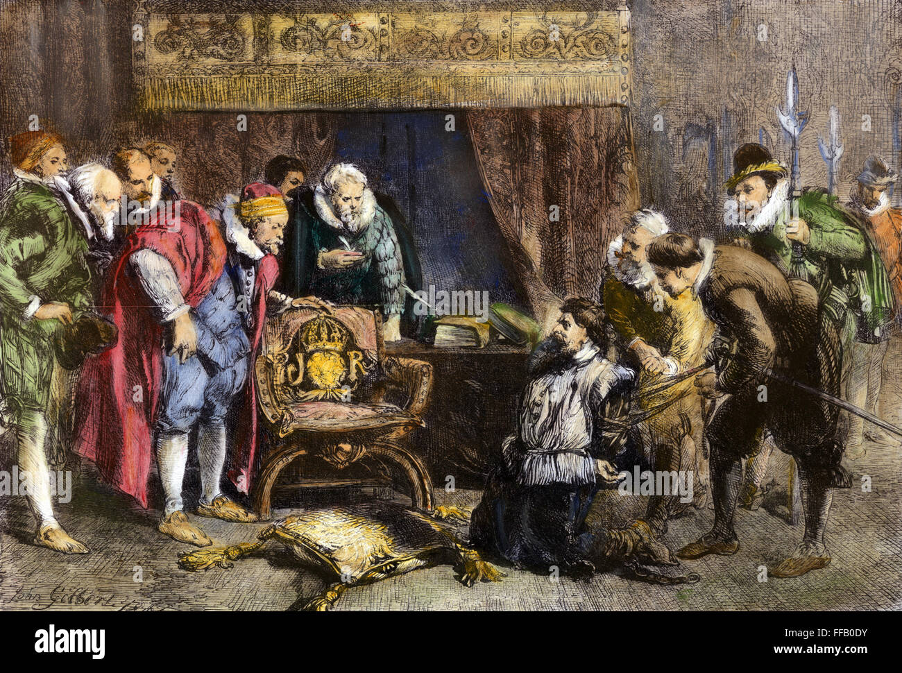 SCHIEßPULVER-PLOT, 1605. / nGuy Fawkes (1570-1606) verhört von König James I und seinen Rat im Schlafgemach des Königs in Whitehall, folgende Entdeckung der "Gunpowder Plot" zu sprengen, die Houses of Parliament, 5. November 1605. Holzstich, 1861 Stockfoto