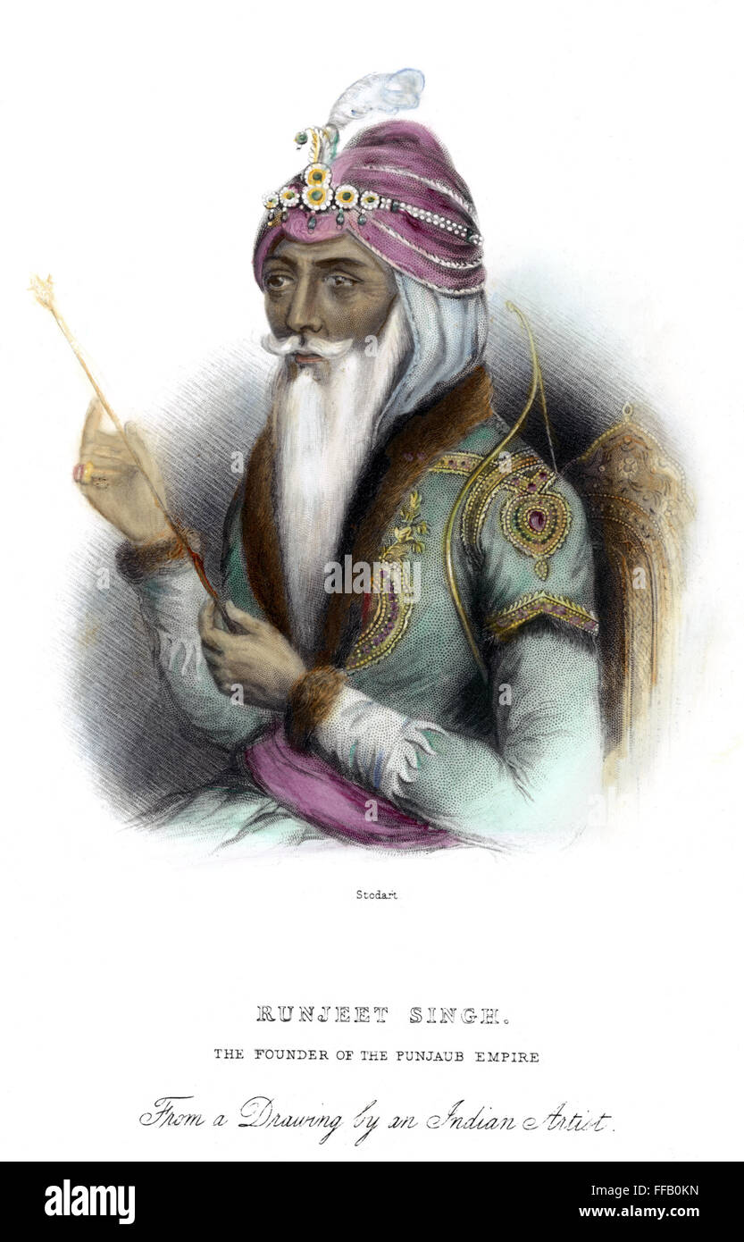 RANJIT SINGH (1780-1839). /nFounder des Sikh Reiches. Farbige Linie und Stipple Gravur, Englisch, 19. Jahrhundert. Stockfoto