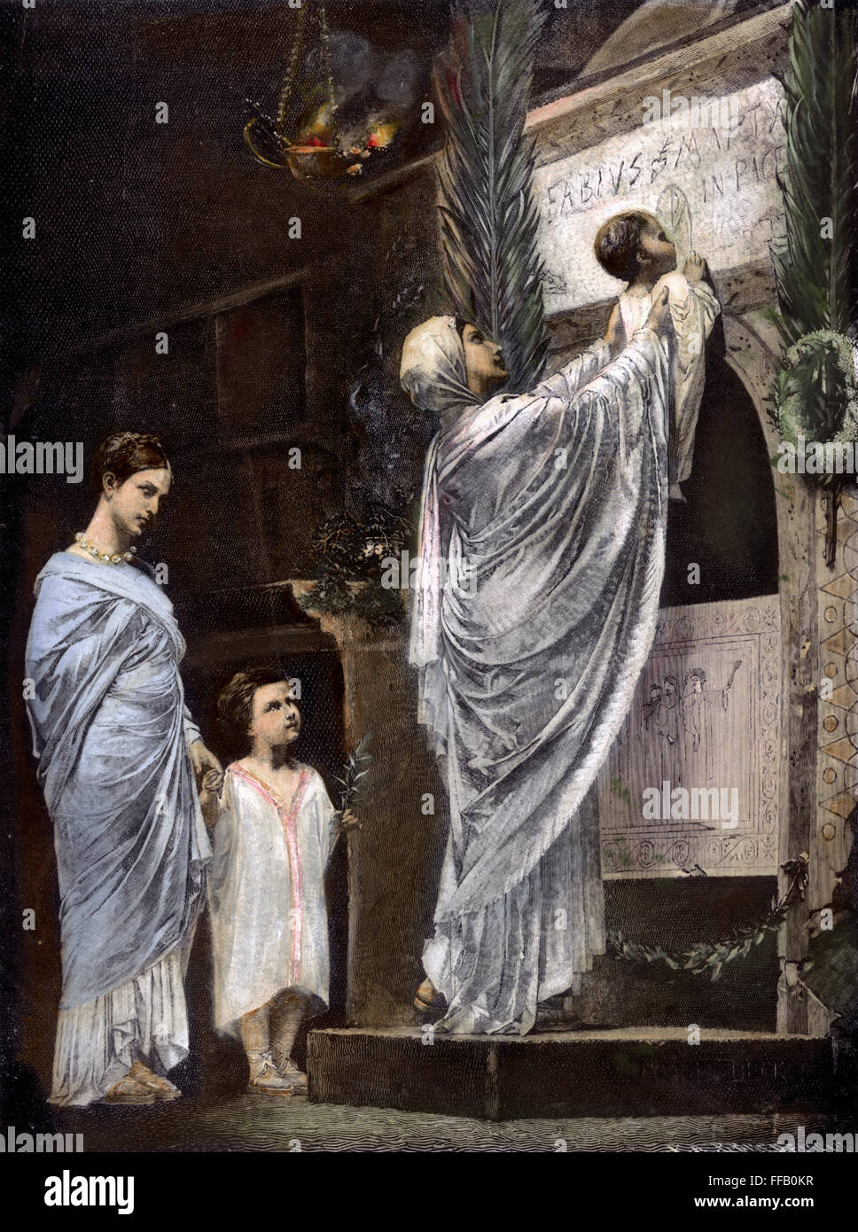 Rom: Christliche Witwe /nand ihr Kind zu Ehren gequälte Ehemann in den Katakomben von Rom: farbige Linie Gravur, 19. Jahrhundert. Stockfoto