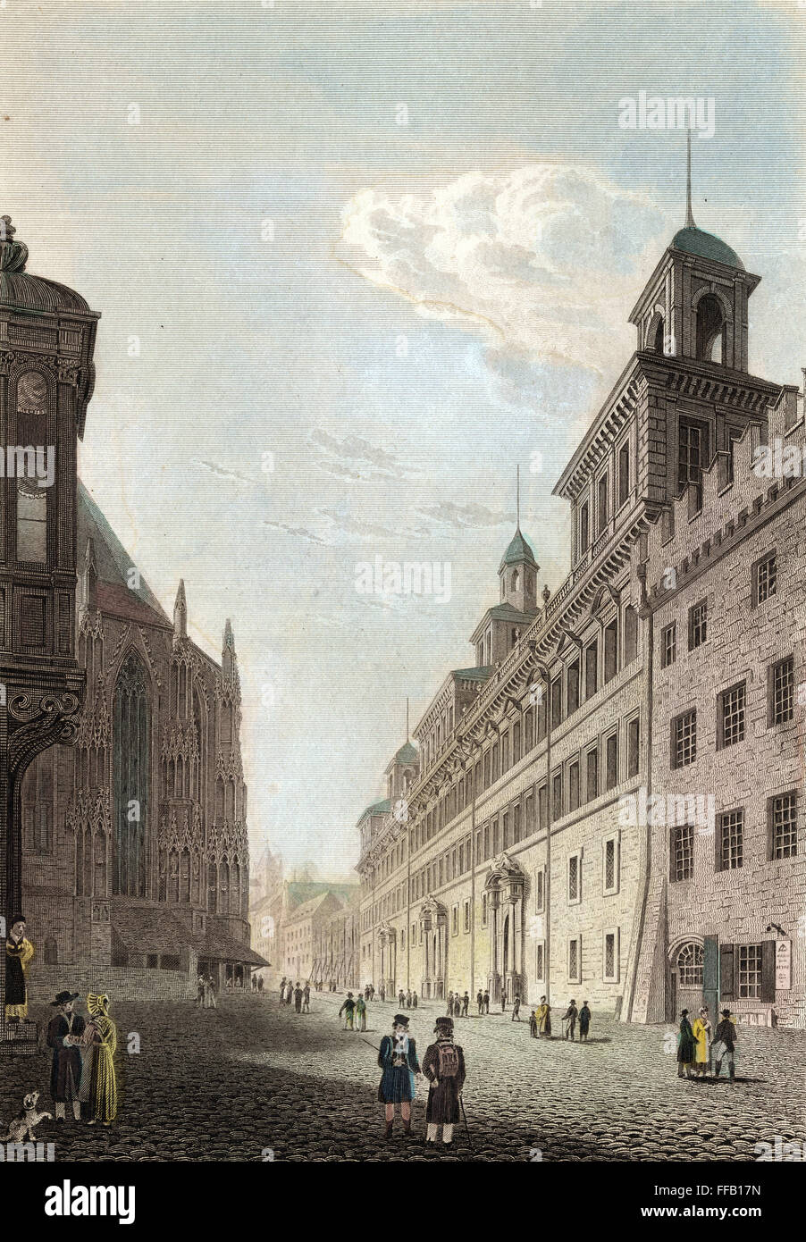 DEUTSCHLAND: NÜRNBERG, 1822. /nThe Fassadenfront (Gildehaus) und Sebalder Kirche in Nürnberg. Stahlstich, 1822, nach einer Zeichnung von Robert Batty. Stockfoto