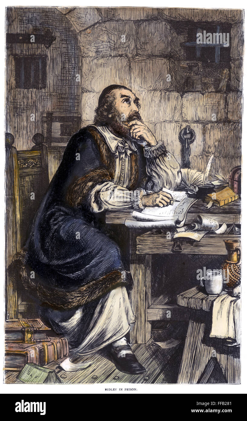NICHOLAS RIDLEY (1500-1555). /nEnglish Reformator und evangelischer Märtyrer. Farbige Gravur, 19. Jahrhundert. Stockfoto