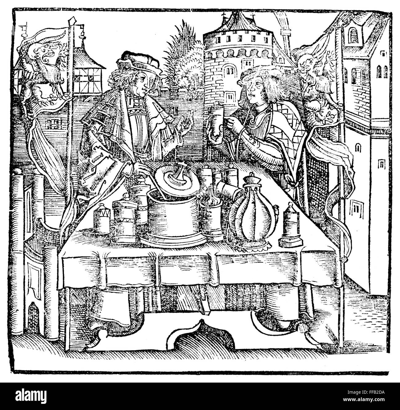 APOTHEKE, 1531. /nThe Präsentation von Theriak. Holzschnitt aus Hieronymus Brunschwigs "Buch der Chirurgia," Strassburg, Deutschland, 1531. Stockfoto