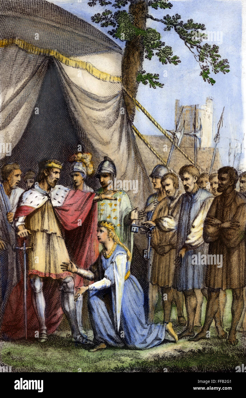 EDUARD III. (1312-1377). /nKing von England 1327-1377. Edward die Kapitulation von Calais im August 1347 annehmen. Farbiger Kupferstich, Englisch, 1776. Stockfoto