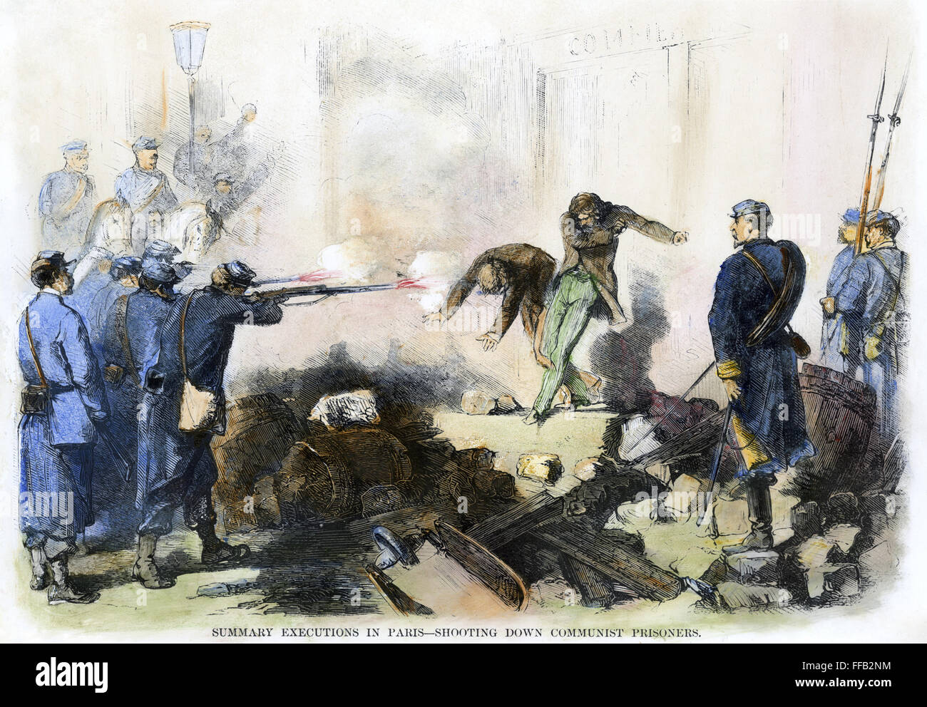 PARIS KOMMUNE, 1871. /n'Summary Hinrichtungen in Paris. Abschuss kommunistischen Gefangenen. " Farbige Gravur aus einer zeitgenössischen amerikanischen Zeitung. Stockfoto