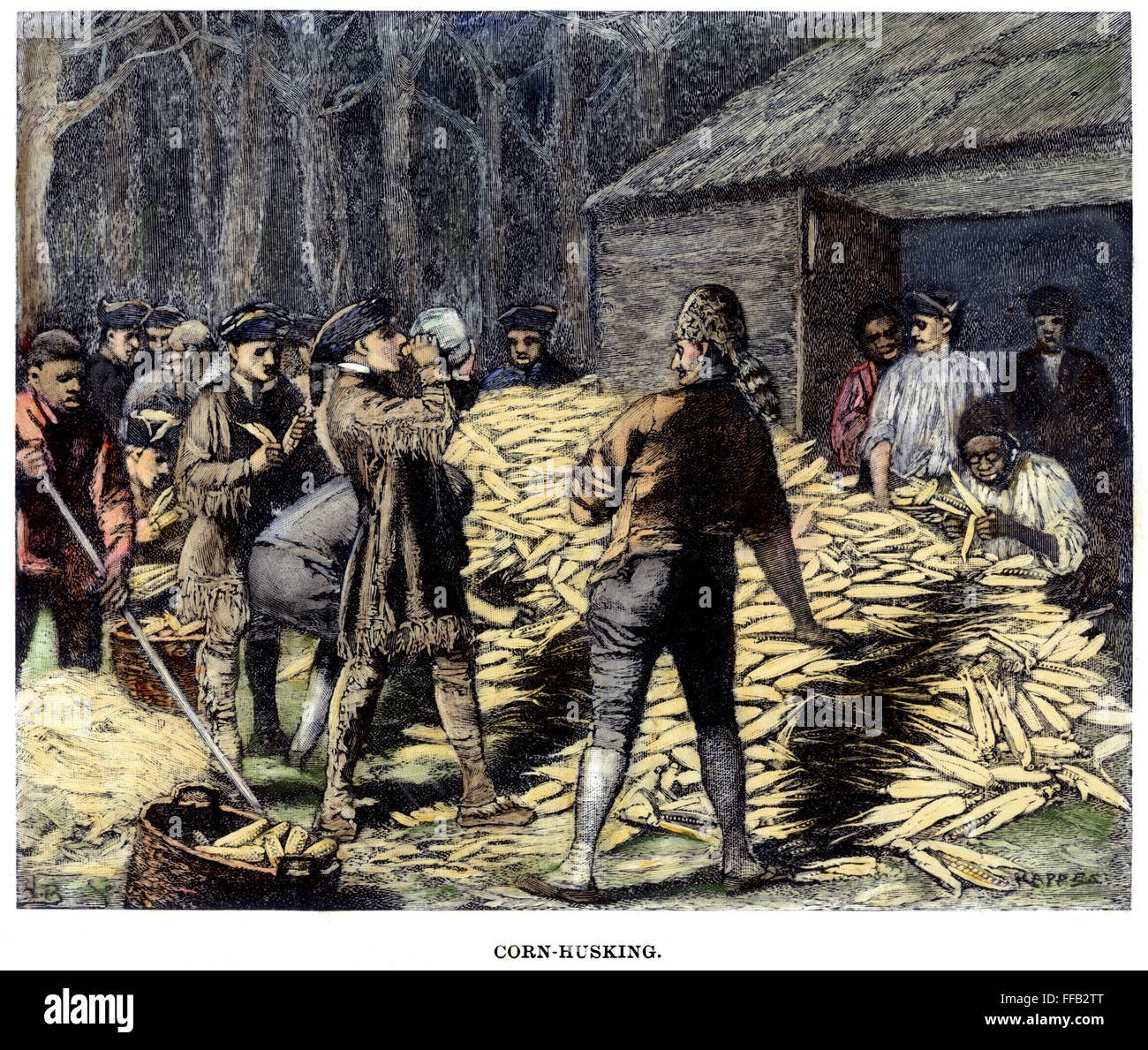 Mais-schälen /nin aus dem frühen 19. Jahrhundert Kentucky. Farbe-Gravur. Stockfoto