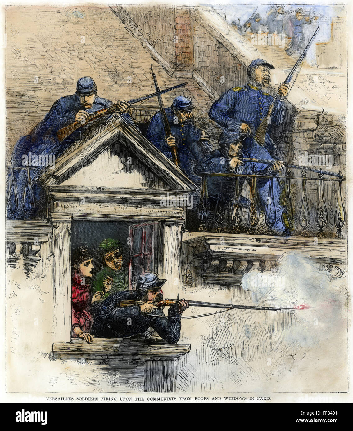 PARIS KOMMUNE, 1871. / n'Versailles Soldaten feuern auf die Kommunisten von den Dächern und Fenstern in Paris. " Farbe aus einem zeitgenössischen amerikanischen Zeitung Gravur. Stockfoto