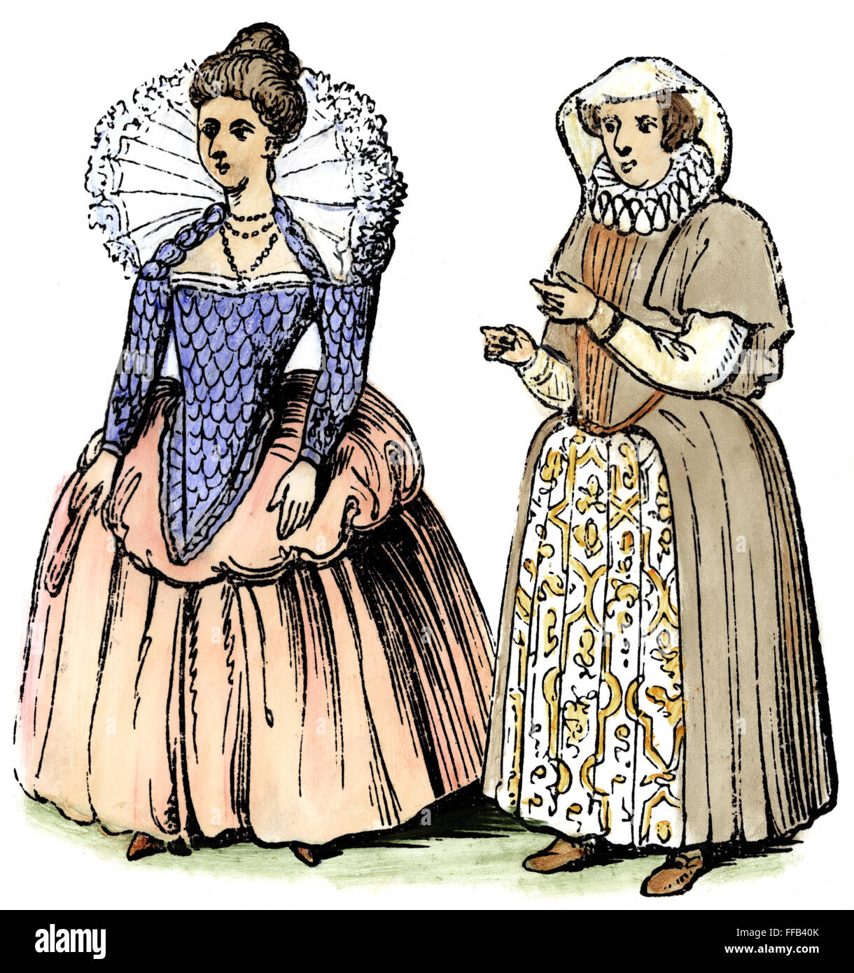 ENGLÄNDERINNEN. /nAn Englisch Dame und Land Frau zur Zeit von Königin Elizabeth I. Line Engraving, 19. Jahrhundert. Stockfoto