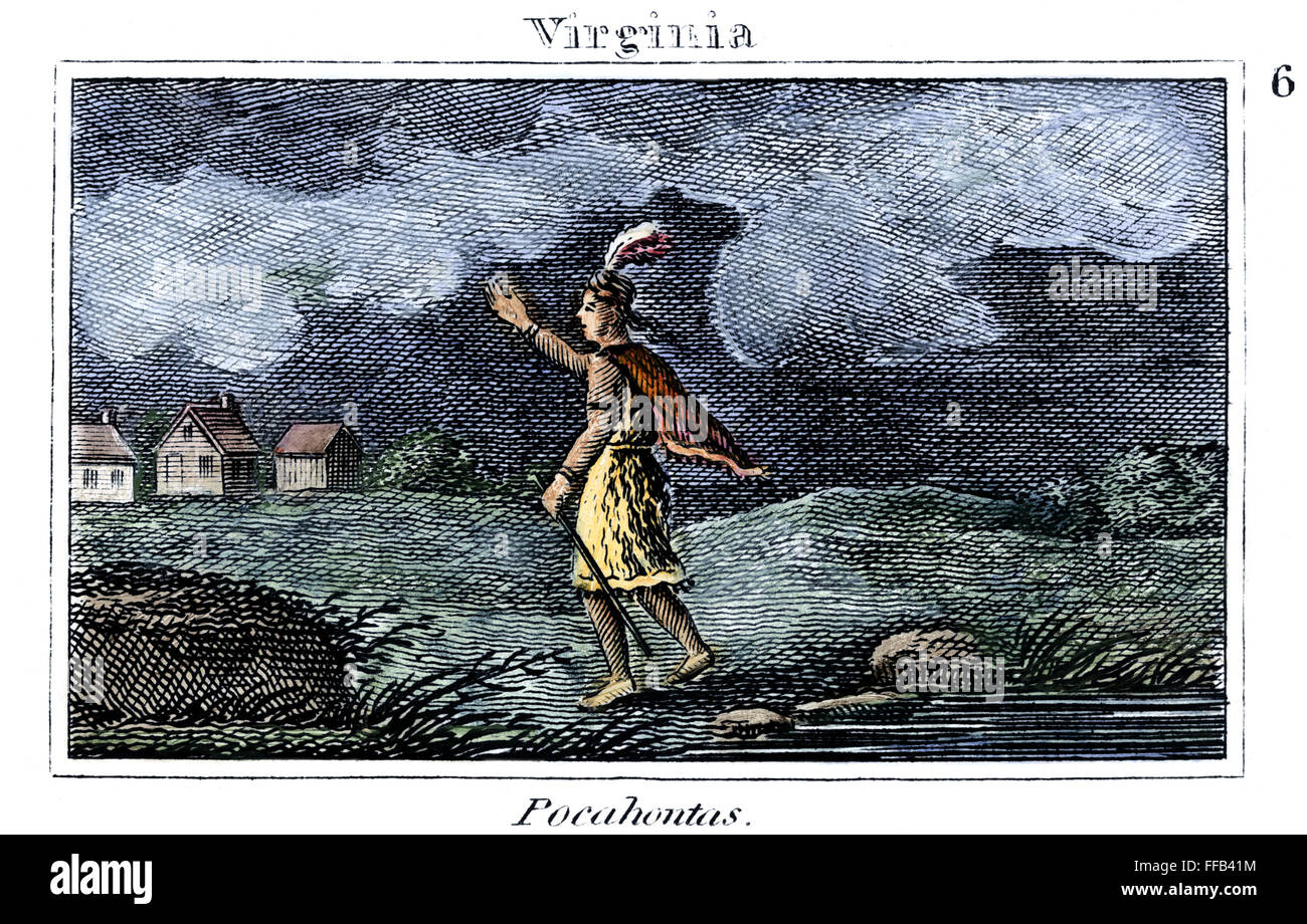 POCAHONTAS (1595-1617). /nNative amerikanische Prinzessin. Pocahontas auf ihrem Weg zu die Kolonisten in Jamestown zu besuchen. Farbiger Kupferstich, amerikanisch, 1829. Stockfoto