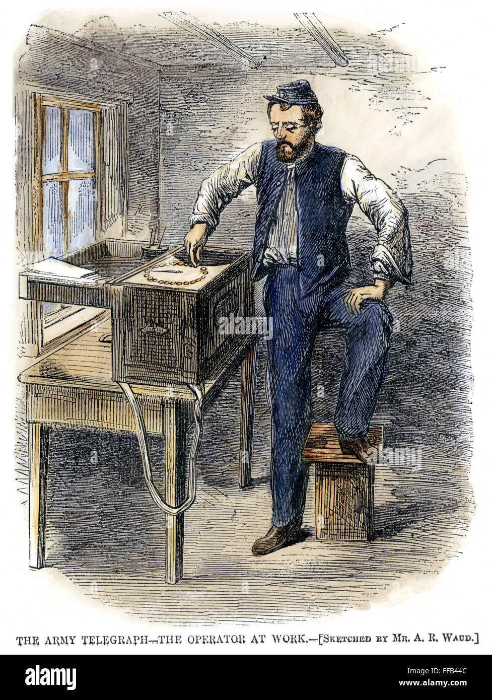 BÜRGERKRIEG: TELEGRAPH, 1863. NUM Telegraphisten der Army of the Potomac bei der Arbeit. Öl über eine Gravur aus einer nördlichen 1863-Zeitung. Stockfoto