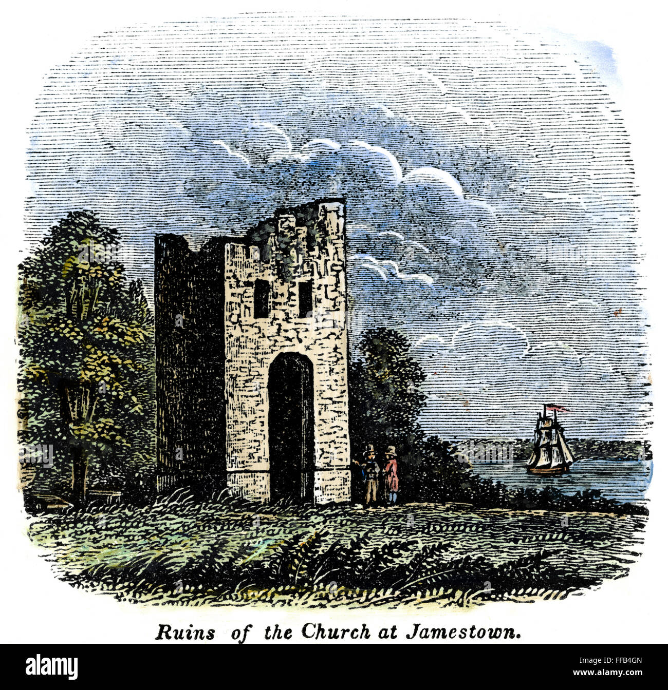 JAMESTOWN RUINEN. /nRuins der Kirche in Jamestown, Virginia. Farbe Gravur, c1845. Stockfoto