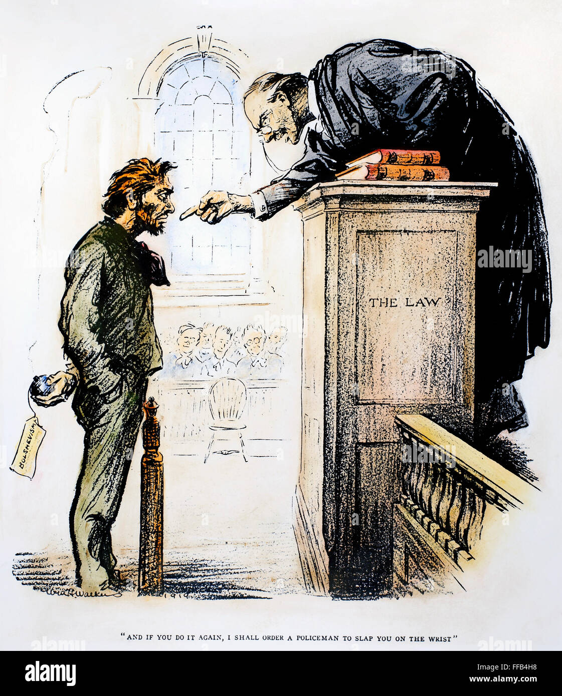 ROTE ANGST CARTOON, 1919. /nContemporary amerikanische Karikatur auf die "Red Scare" von 1919 darauf hindeutet, dass das Gesetz übermäßig nachsichtig mit politischen Agitatoren. Stockfoto