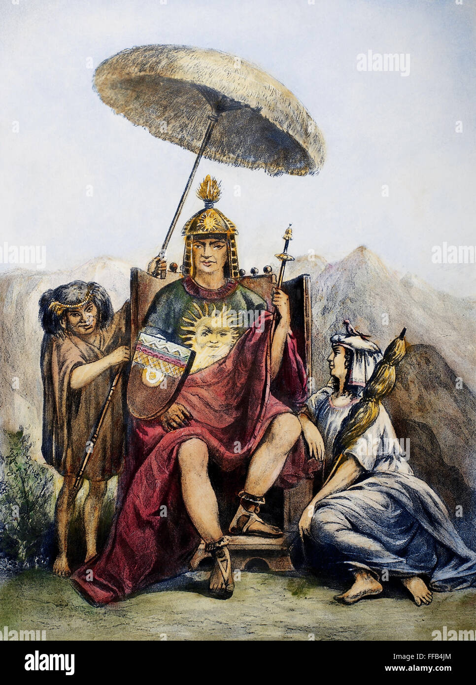 PERU: INKA KÖNIG. / nAn Inka König von Peru auf seinem Thron mit seiner Frau und Zwerg. Photogravure, Ende des 19. Jahrhunderts, nach einem Gemälde von ╔douard Riou. Stockfoto