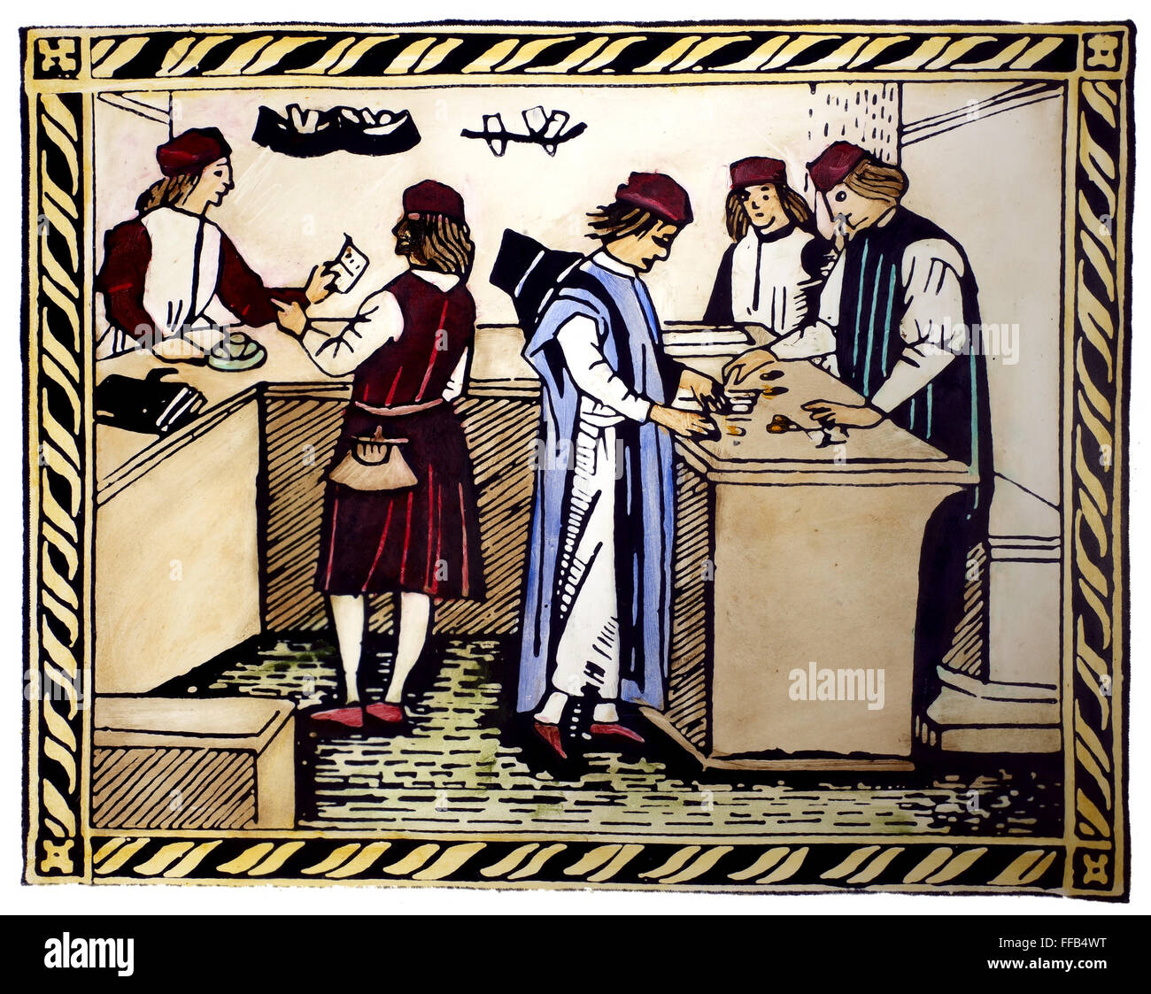 MEDICI BANK, 15. JAHRHUNDERT. /nInterior einer Bank im Besitz der Familie Medici von Florenz. Holzschnitt, Italienisch, 15. Jahrhundert. Stockfoto