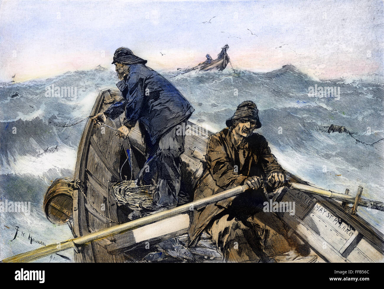 DORSCHFANG, 1891. /nFishing für Kabeljau auf den Grand Banks vor der Küste von Neufundland. Holz, Gravur, American, 1891. Stockfoto