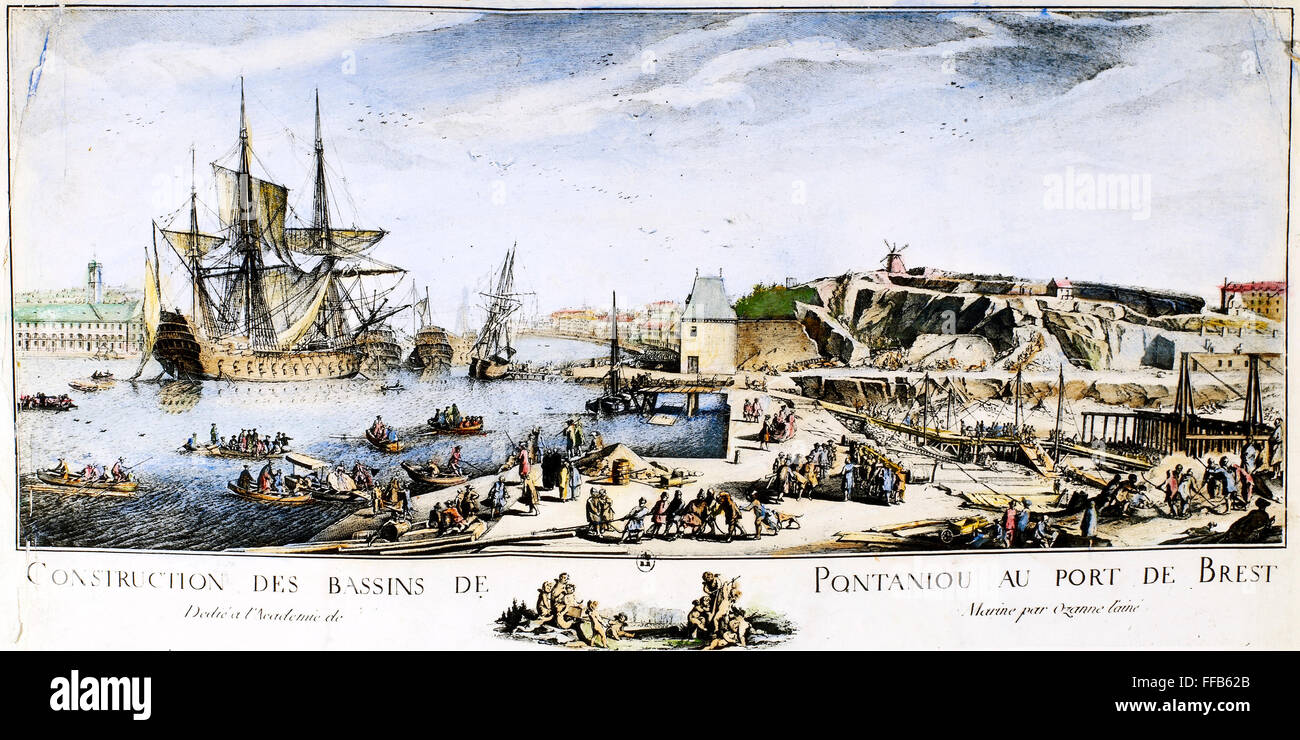 HAFEN VON BREST, 1780. /nThe Hafen von Brest, Frankreich, wo 5.500 französische Truppen unter Comte de Rochambeau begann für Amerika im Jahre 1780. Zeitgenössische französische Linie Gravur. Stockfoto