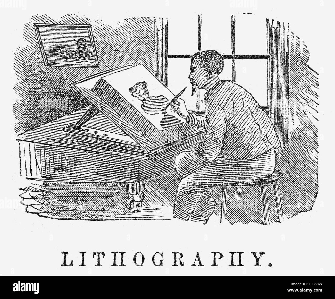 LITHOGRAPHIE, 19. JAHRHUNDERT. /nWood Gravur, 19. Jahrhundert. Stockfoto