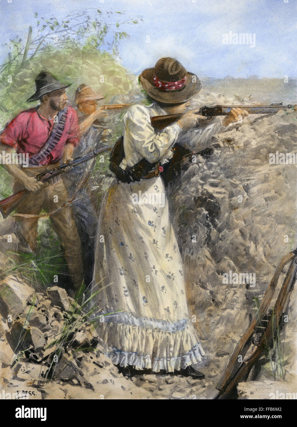 BURENKRIEG, 1900. /nMrs. Davies, einem britischen Siedler feuern auf Boer Positionen während der Belagerung von Mafeking, South Africa, Mai 1900. Zeitgenössische englische Zeichnung. Stockfoto