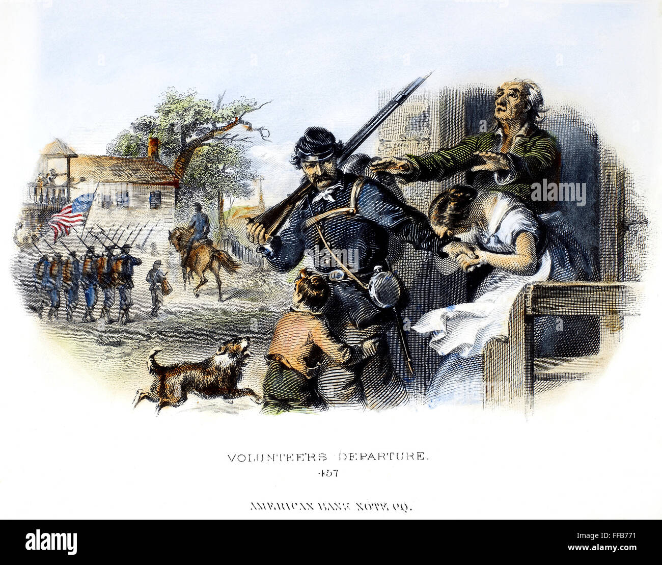 BÜRGERKRIEG: UNION FREIWILLIGE. /nDeparture eines Freiwilligen für die Anschluß-Armee während des amerikanischen Bürgerkriegs (1861-65). Stahlstich, American, c1870. Stockfoto