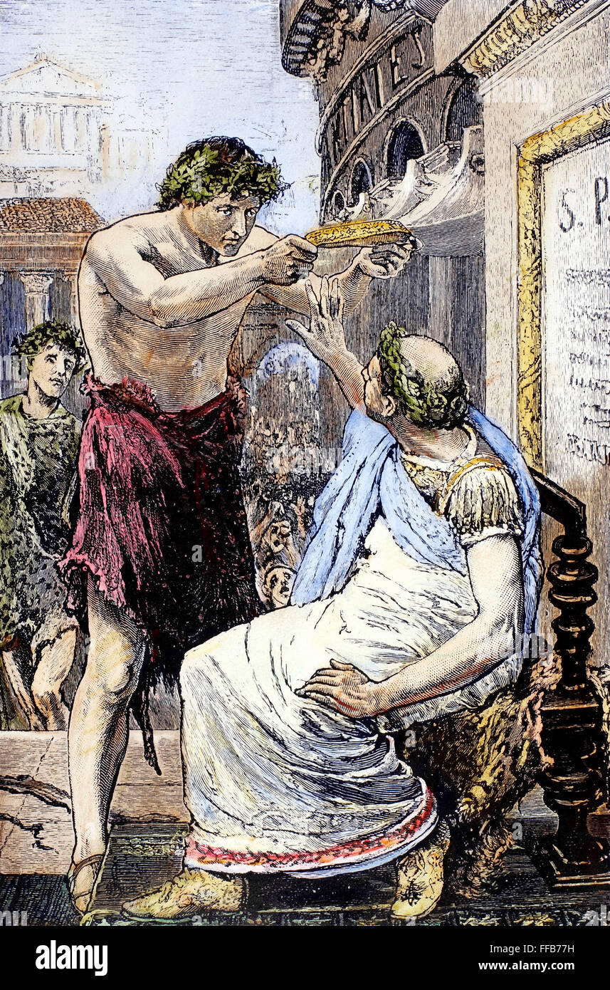 JULIUS CAESAR (100-44 V. CHR.). /nRoman general und Staatsmann. Caesar, die Ablehnung der Kronenordens angeboten von Marc Antony, 44 v. Chr. Linie Gravur, Ende des 19. Jahrhunderts. Stockfoto