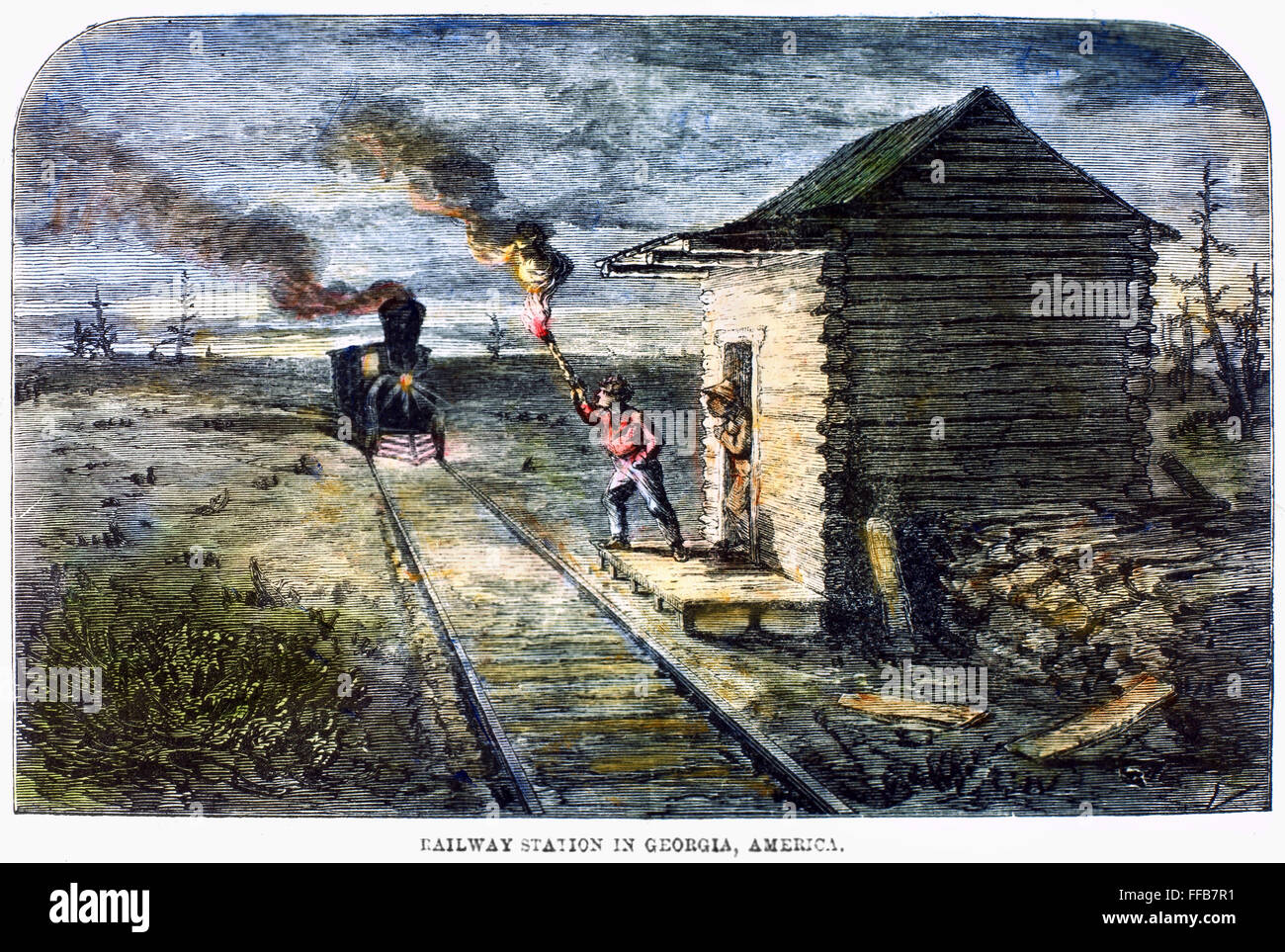 BAHNHOF, 1861. /nRailway-Station in Georgien. Holzstich, 1861. Stockfoto