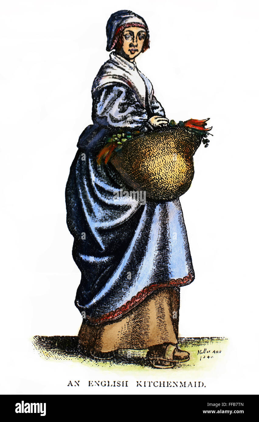 KITCHENMAID, 17. JAHRHUNDERT. /nAn englische Kitchenmaid. Linie, Gravur, Englisch, 17. Jahrhundert. Stockfoto